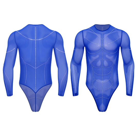 details of royal blue Men’s Night Vision Rhinestone Mesh Bodysuit – pridevoyageshop.com – gay men’s harness, lingerie and fetish wear