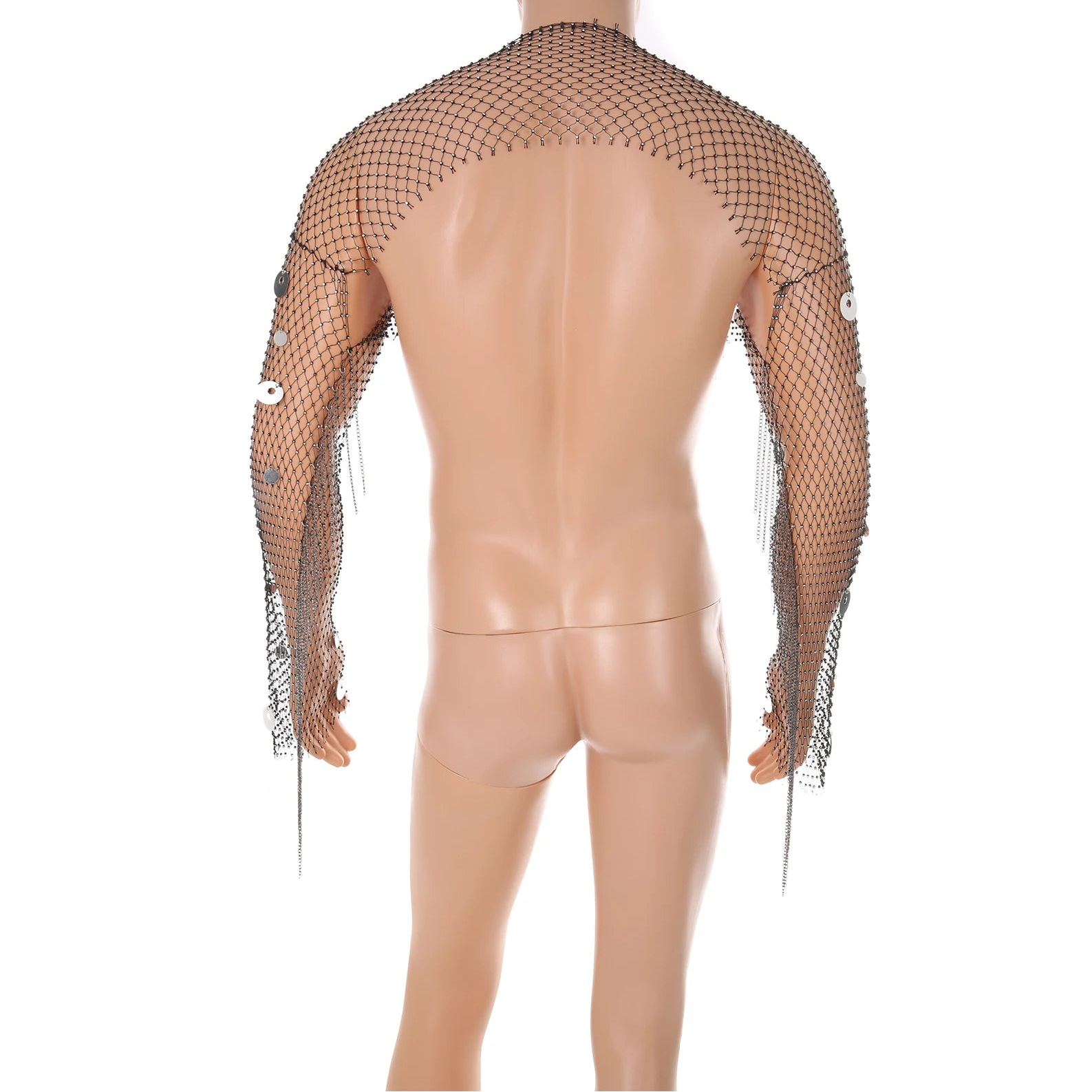 details of silver Men’s Glimmer Shatter Mesh Bolero – pridevoyageshop.com – gay men’s harness, lingerie and fetish wear