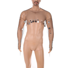 details of silver Men’s Glimmer Shatter Mesh Bolero – pridevoyageshop.com – gay men’s harness, lingerie and fetish wear