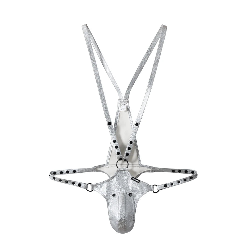 details of silver Men’s Lockdown Suspender Jock Singlet – pridevoyageshop.com – gay men’s harness, lingerie and fetish wear