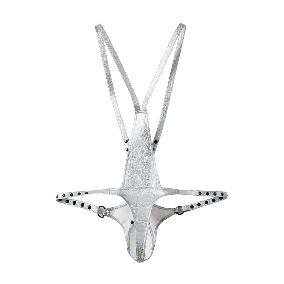 details of silver Men’s Lockdown Suspender Jock Singlet – pridevoyageshop.com – gay men’s harness, lingerie and fetish wear
