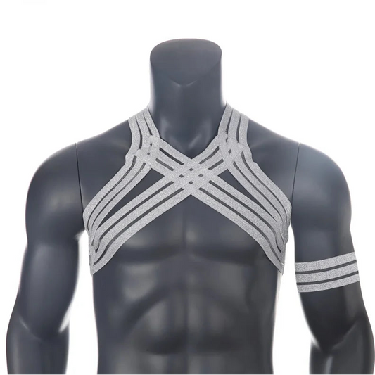 details of silver Men’s The Lewk Chest Harness Set – pridevoyageshop.com – gay men’s harness, lingerie and fetish wear