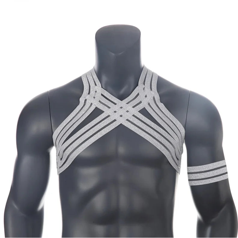 details of silver Men’s The Lewk Chest Harness Set – pridevoyageshop.com – gay men’s harness, lingerie and fetish wear
