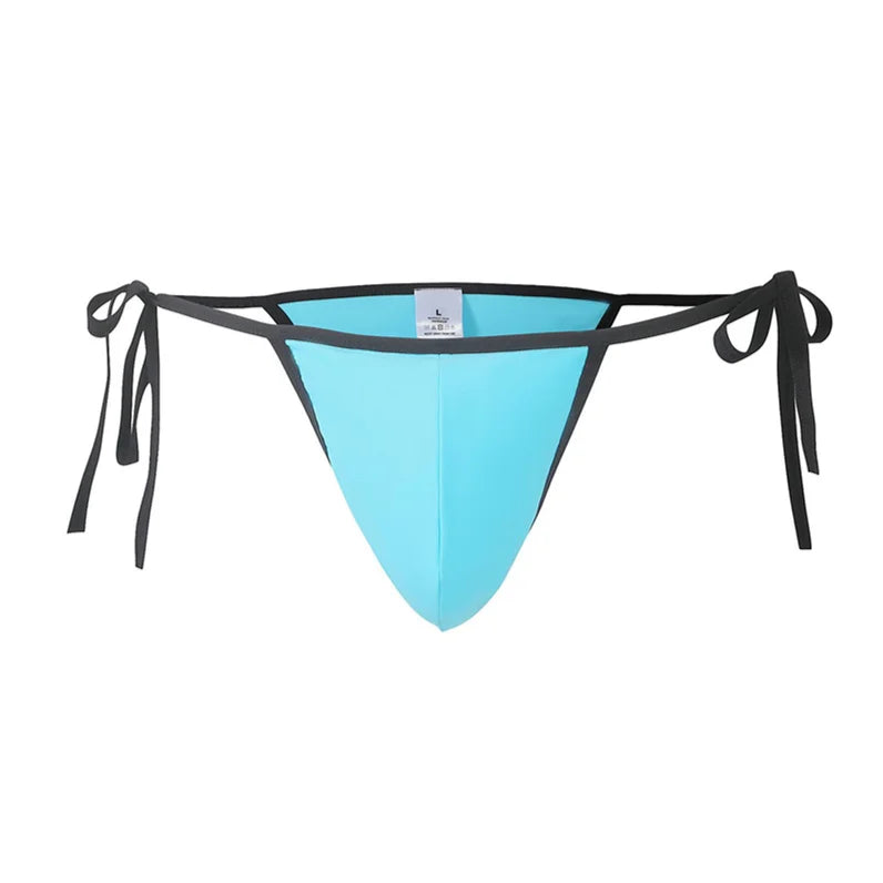 details of sky blue Men’s Werk It Tie-Up Swim Bikini Thong – pridevoyageshop.com – gay men’s sexy swim briefs, trunks, board shorts, and bikinis