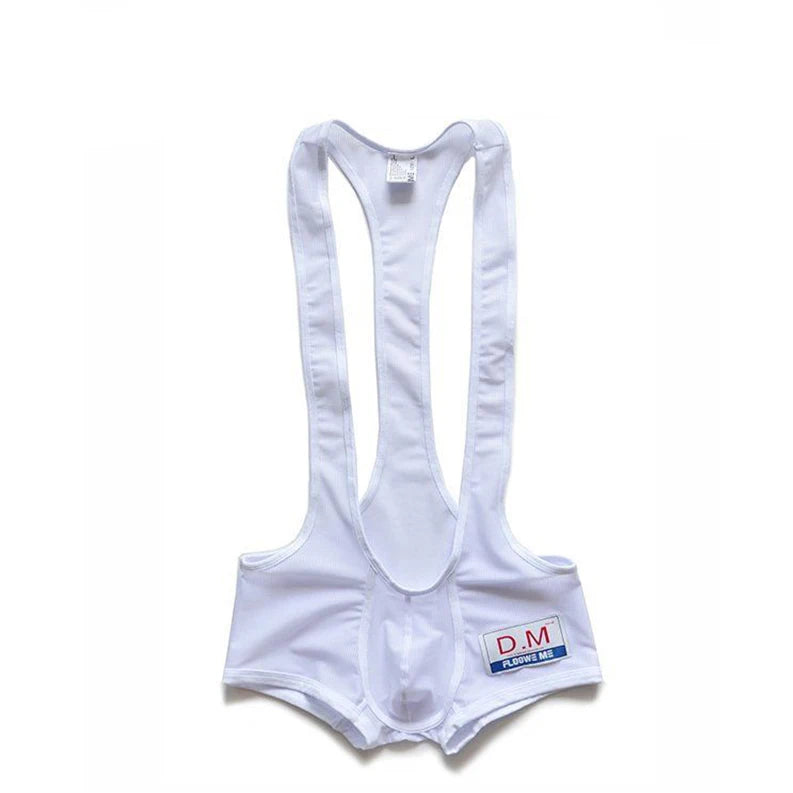 details of white DM Men’s Powerline Y-Back Mesh Singlet – pridevoyageshop.com – gay men’s harness, lingerie and fetish wear