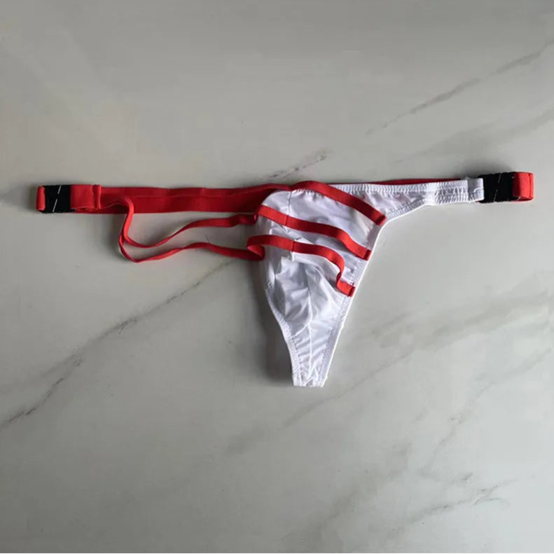 details of white Men’s Bondage Signal Swim Bikini Thong – pridevoyageshop.com – gay men’s sexy swim briefs, trunks, board shorts, and bikinis