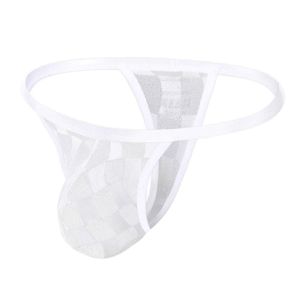 details of white Men’s Checkmate Mesh Thong – pridevoyageshop.com – gay men’s harness, lingerie and fetish wear