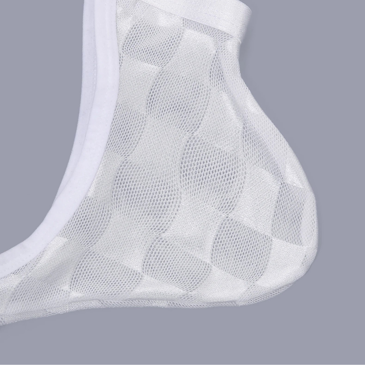 details of white Men’s Checkmate Mesh Thong – pridevoyageshop.com – gay men’s harness, lingerie and fetish wear
