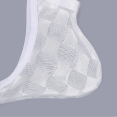 details of white Men’s Checkmate Mesh Thong – pridevoyageshop.com – gay men’s harness, lingerie and fetish wear