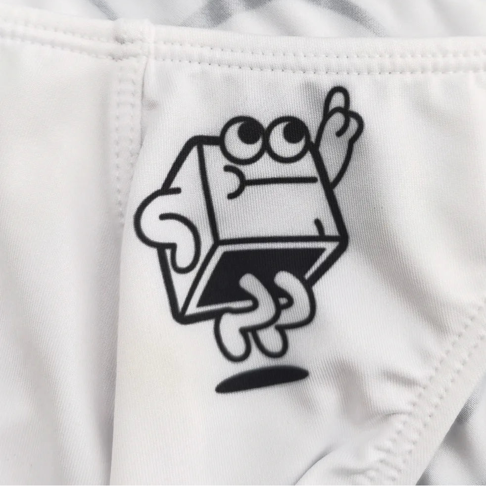 details of white Men’s Crush Face Swim Briefs – pridevoyageshop.com – gay men’s sexy swim briefs, trunks, board shorts, and bikinis
