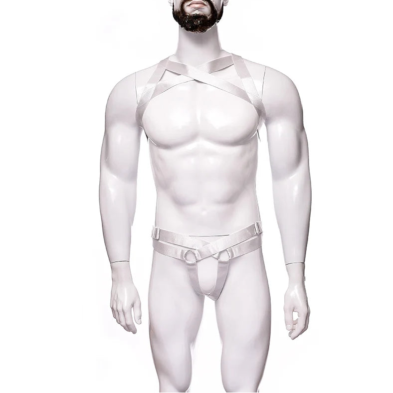 details of white Men’s Gift‑Wrapped Jock Harness – pridevoyageshop.com – gay men’s harness, lingerie and fetish wear
