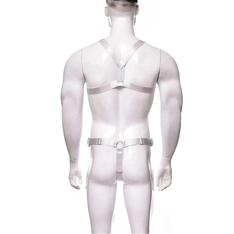 details of white Men’s Gift‑Wrapped Jock Harness – pridevoyageshop.com – gay men’s harness, lingerie and fetish wear