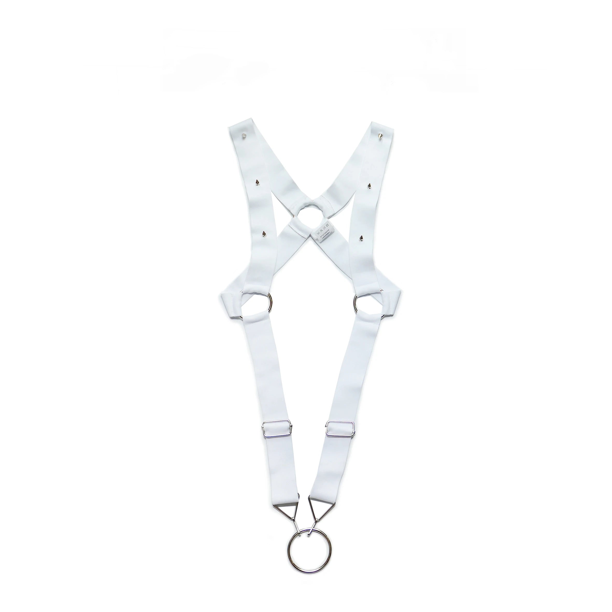 details of white Men’s Menace Spiked Harness – pridevoyageshop.com – gay men’s harness, lingerie and fetish wear