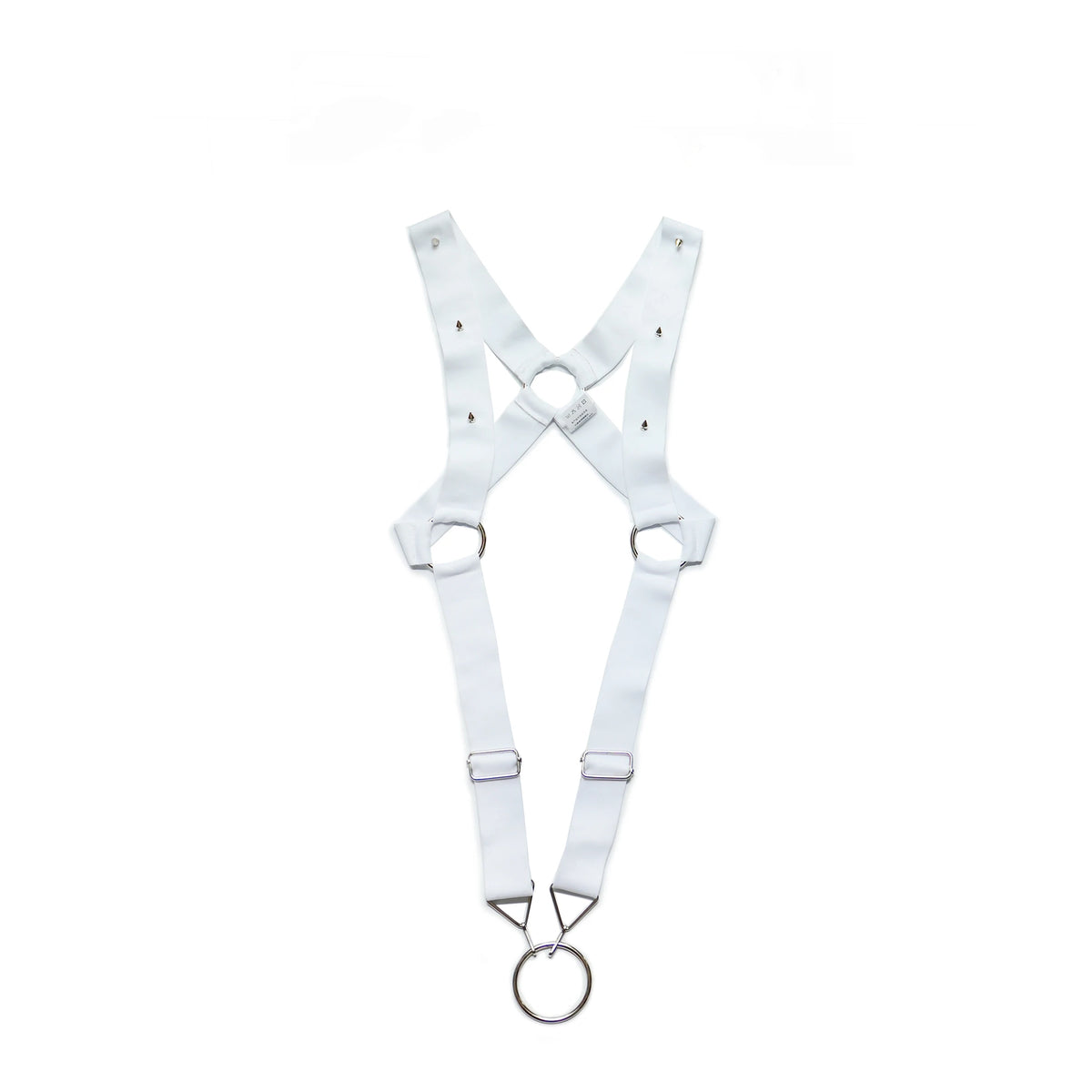 details of white Men’s Menace Spiked Harness – pridevoyageshop.com – gay men’s harness, lingerie and fetish wear