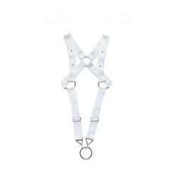 details of white Men’s Menace Spiked Harness – pridevoyageshop.com – gay men’s harness, lingerie and fetish wear