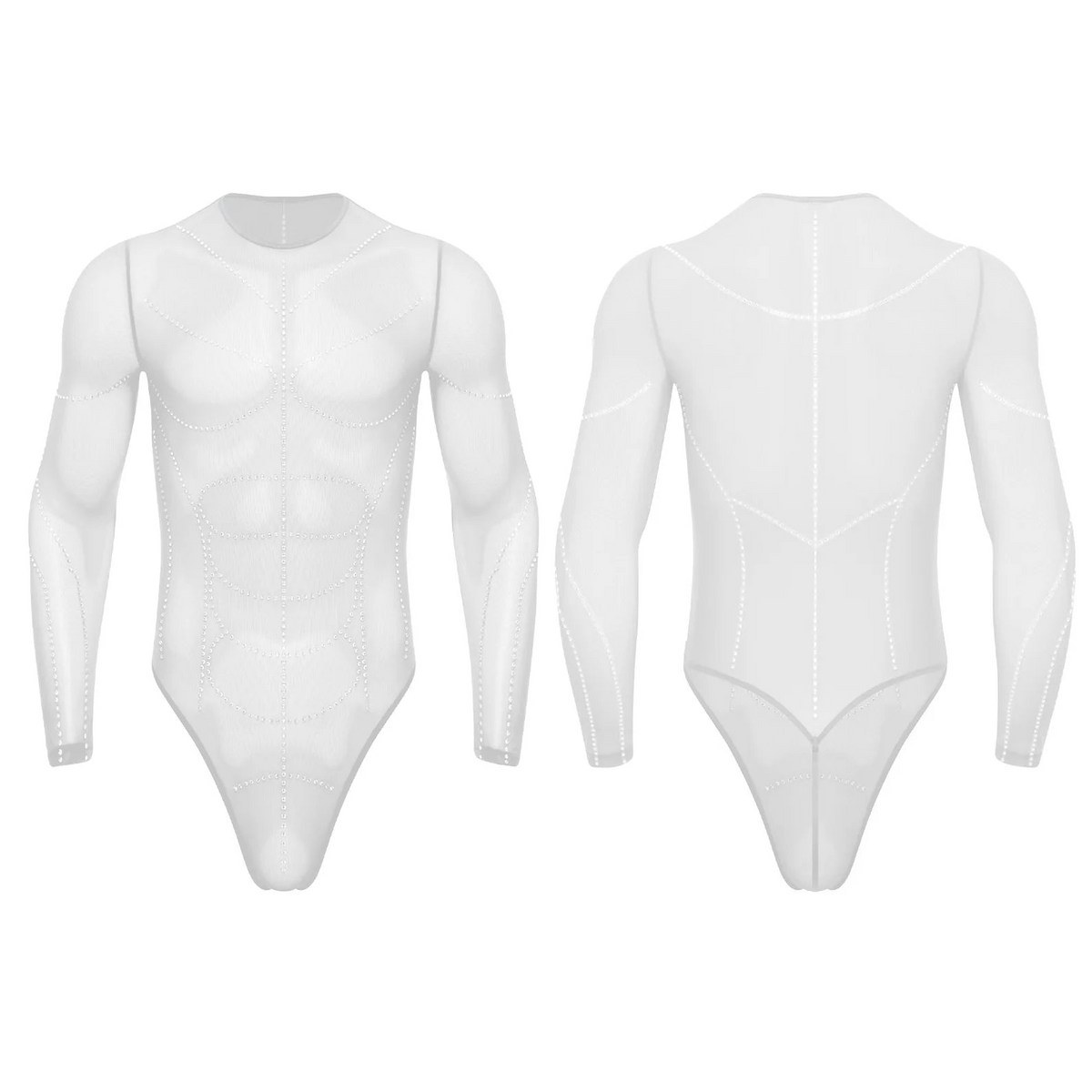 details of white Men’s Night Vision Rhinestone Mesh Bodysuit – pridevoyageshop.com – gay men’s harness, lingerie and fetish wear