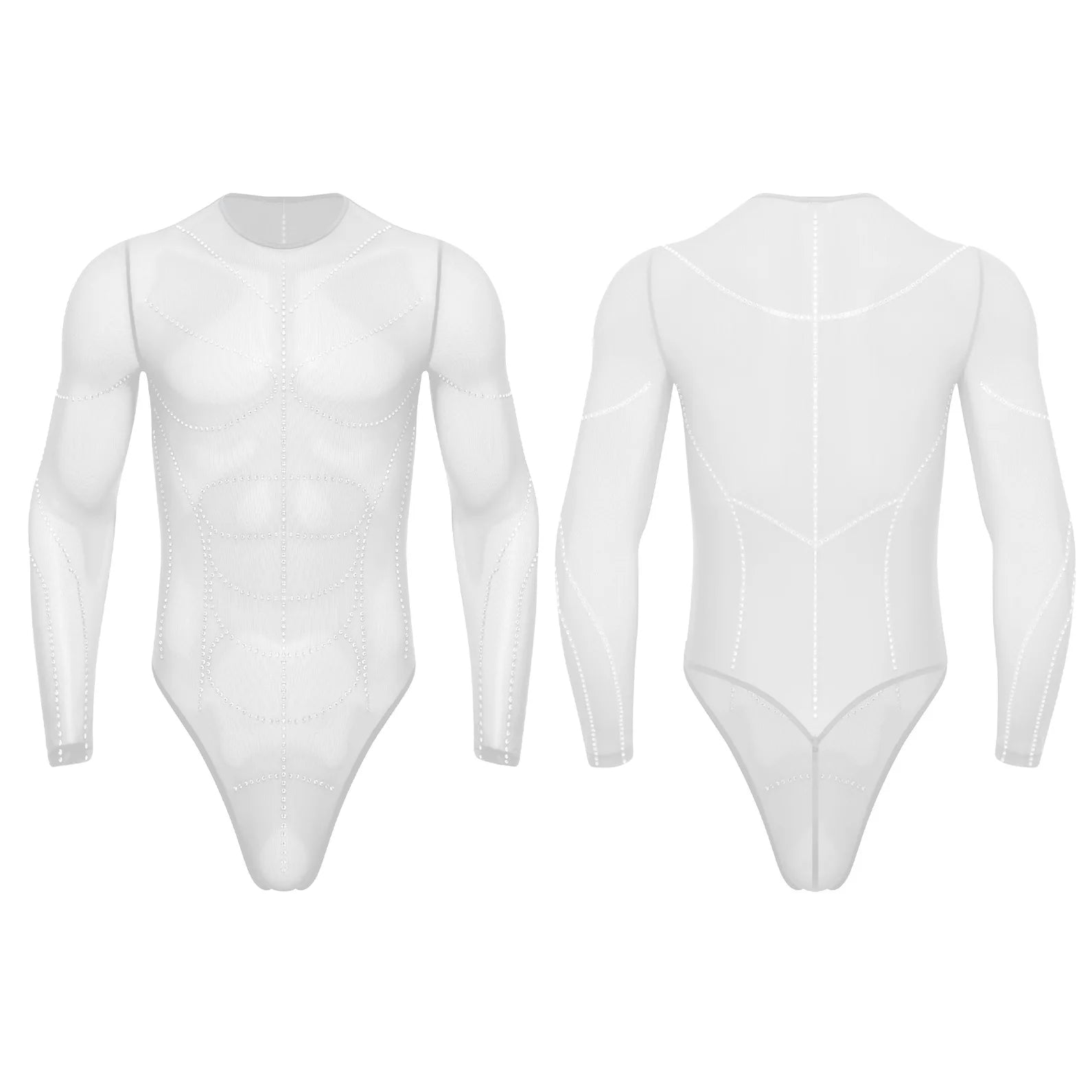 details of white Men’s Night Vision Rhinestone Mesh Bodysuit – pridevoyageshop.com – gay men’s harness, lingerie and fetish wear
