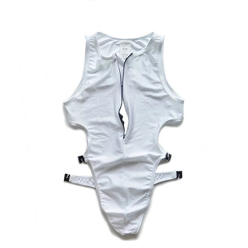 details of white Men’s Open Circuit Bodysuit – pridevoyageshop.com – gay men’s harness, lingerie and fetish wear