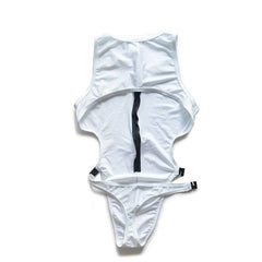 details of white Men’s Open Circuit Bodysuit – pridevoyageshop.com – gay men’s harness, lingerie and fetish wear