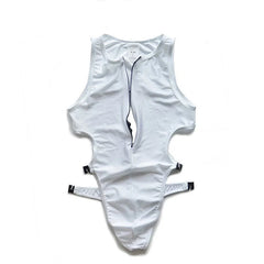 details of white Men’s Open Circuit Bodysuit – pridevoyageshop.com – gay men’s harness, lingerie and fetish wear