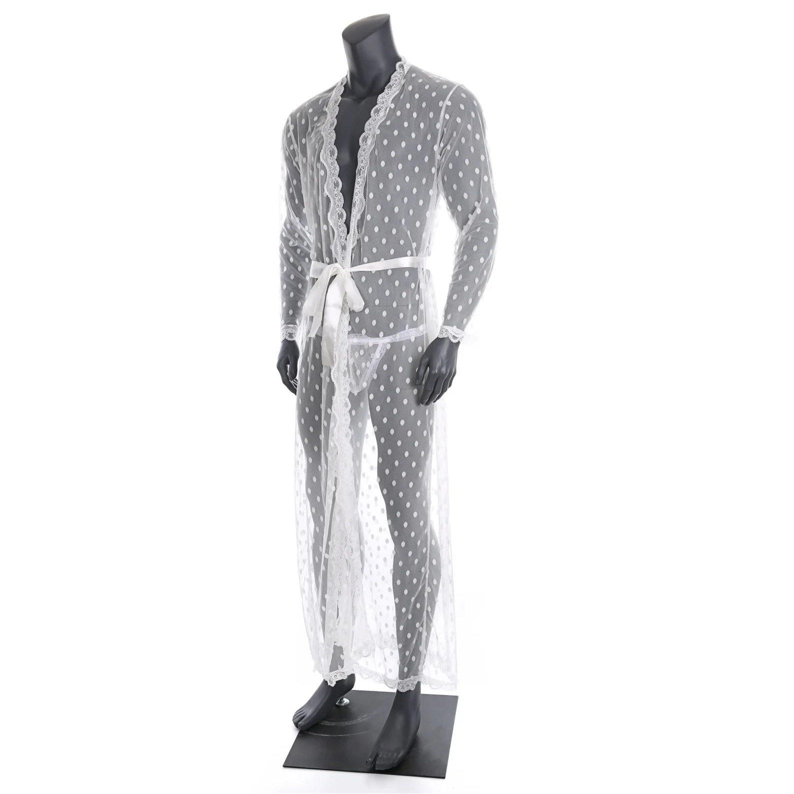 details of white Men’s Private Show Sheer Robe Set – pridevoyageshop.com – gay men’s sexy swim briefs, trunks, board shorts, and bikinis