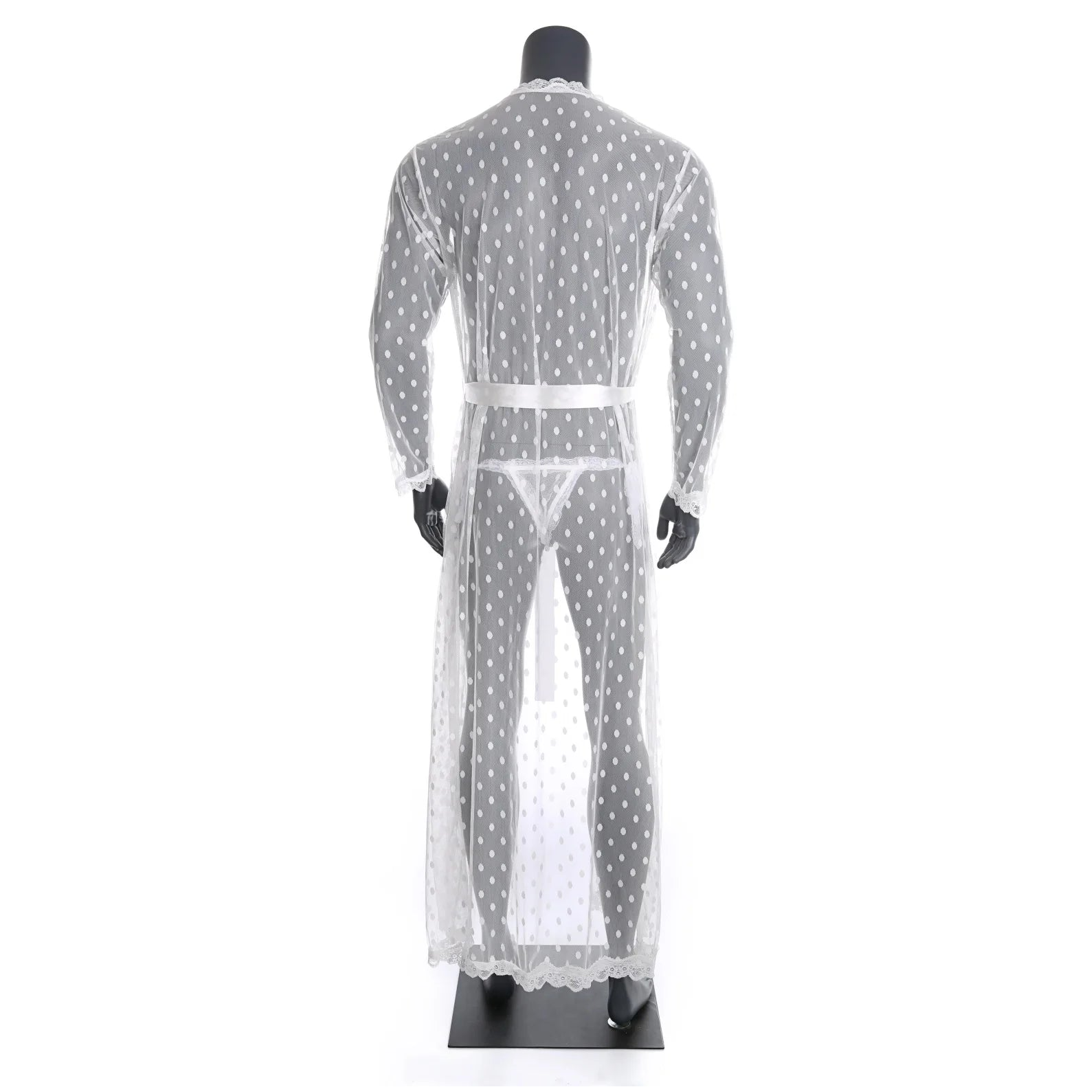 details of white Men’s Private Show Sheer Robe Set – pridevoyageshop.com – gay men’s sexy swim briefs, trunks, board shorts, and bikinis