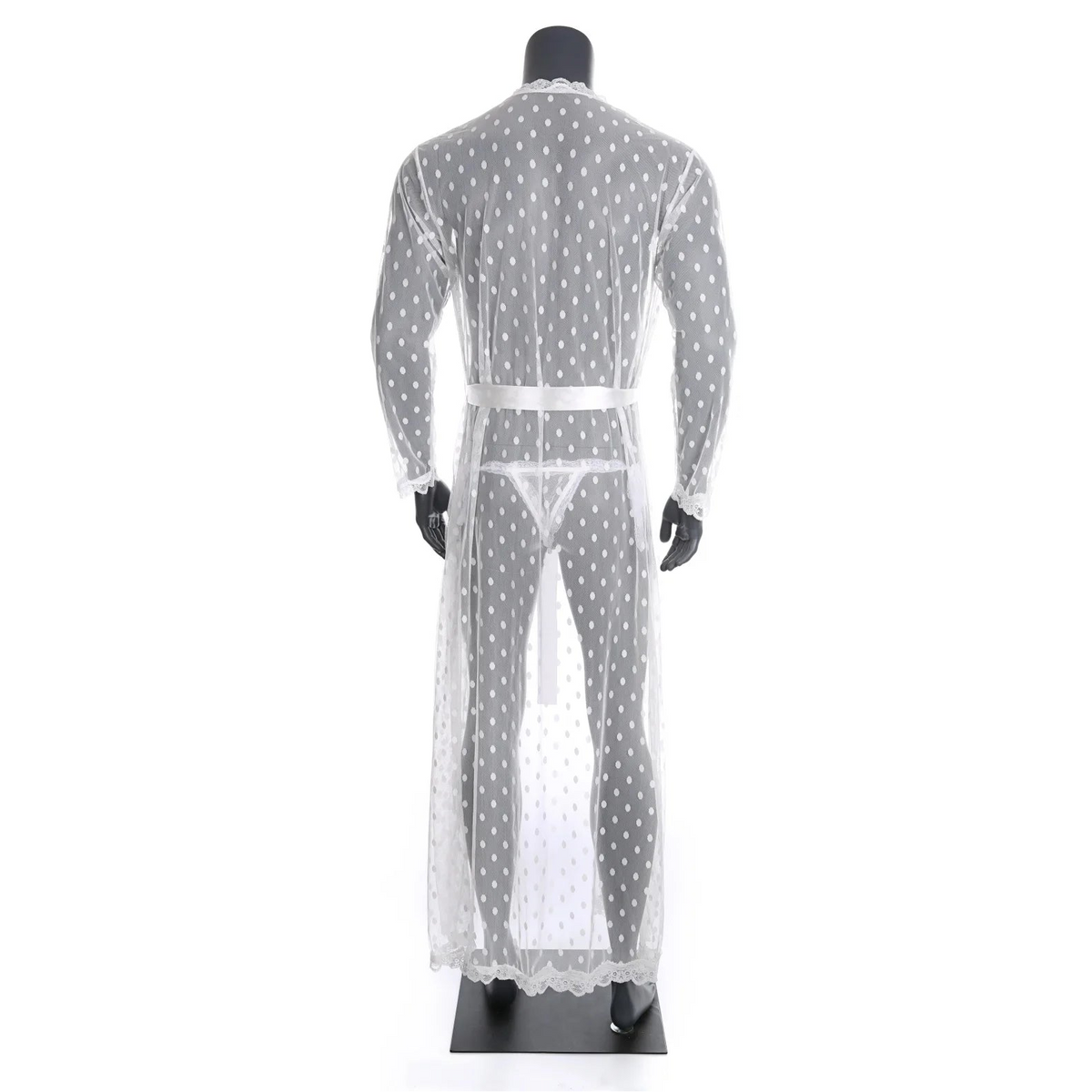 details of white Men’s Private Show Sheer Robe Set – pridevoyageshop.com – gay men’s sexy swim briefs, trunks, board shorts, and bikinis