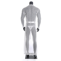 details of white Men’s Private Show Sheer Robe Set – pridevoyageshop.com – gay men’s sexy swim briefs, trunks, board shorts, and bikinis
