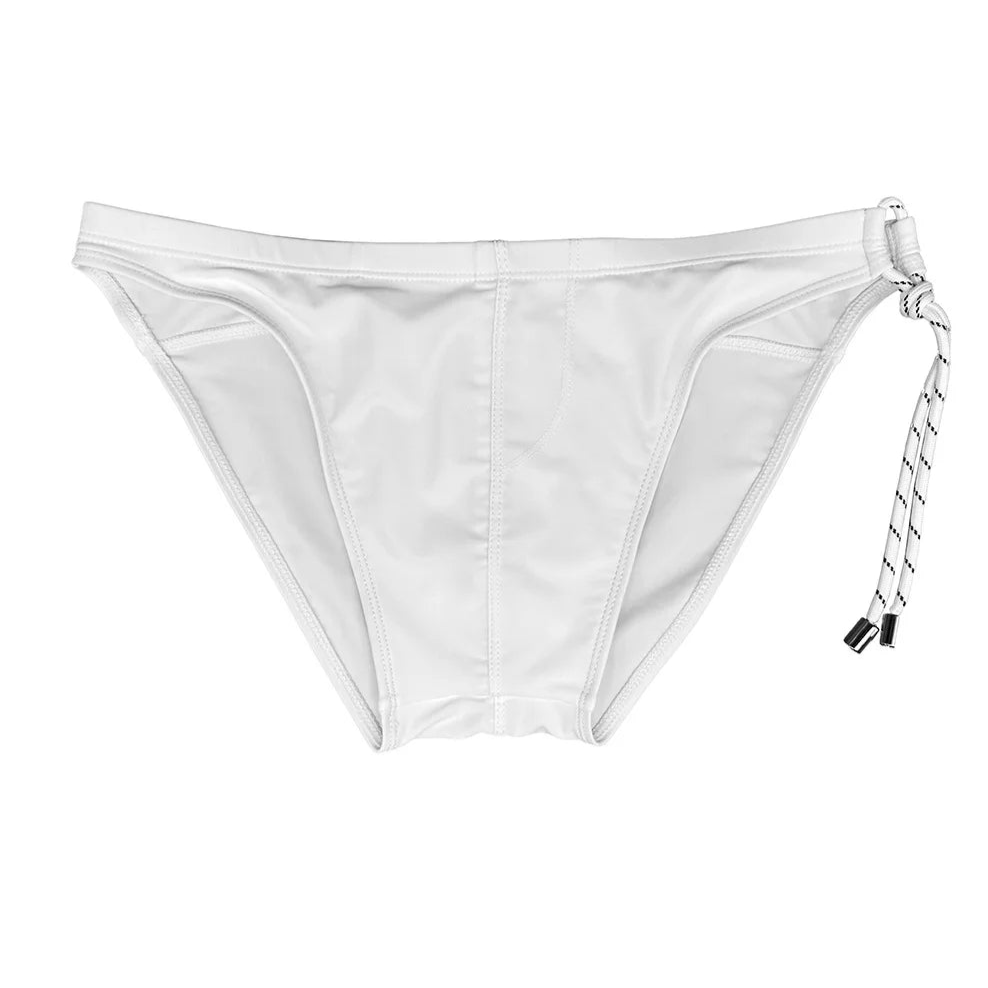 details of white Men's Rope Me Up Side Tether Swim Briefs - pridevoyageshop.com - gay men’s sexy swim briefs, trunks, board shorts, and bikinis