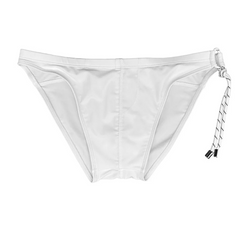 details of white Men's Rope Me Up Side Tether Swim Briefs - pridevoyageshop.com - gay men’s sexy swim briefs, trunks, board shorts, and bikinis