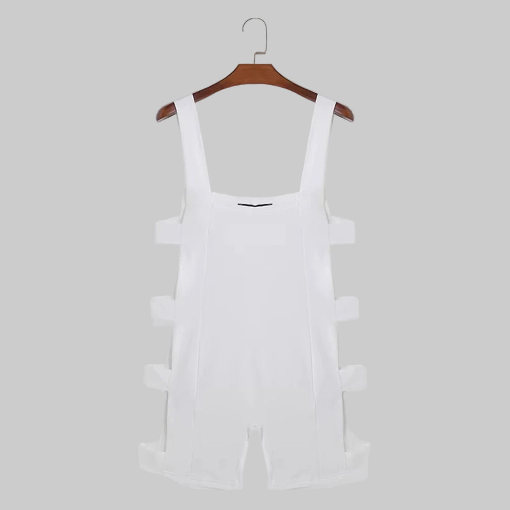 details of white Men’s Side Quest Cutout Singlet – pridevoyageshop.com – gay men’s harness, lingerie and fetish wear