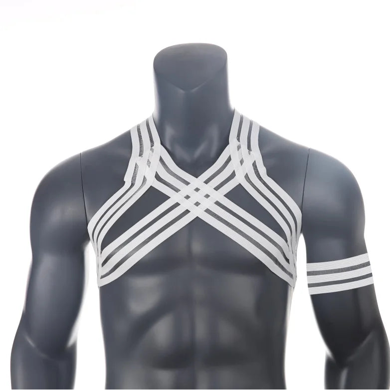 details of white Men’s The Lewk Chest Harness Set – pridevoyageshop.com – gay men’s harness, lingerie and fetish wear