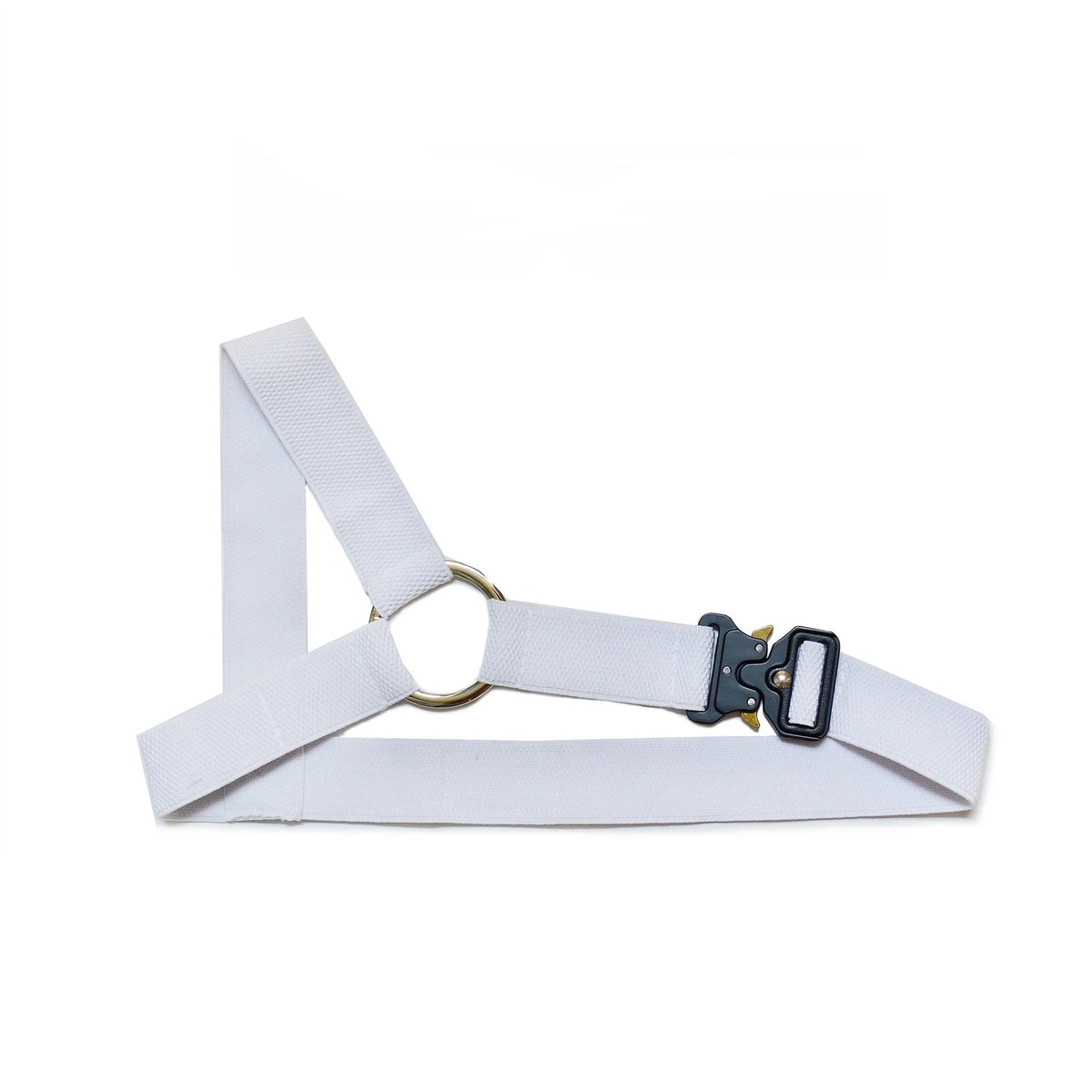 details of white Men’s Trigger Quick-Release Chest Harness – pridevoyageshop.com – gay men’s harness, lingerie and fetish wear