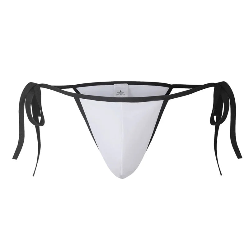 details of white Men’s Werk It Tie-Up Swim Bikini Thong – pridevoyageshop.com – gay men’s sexy swim briefs, trunks, board shorts, and bikinis