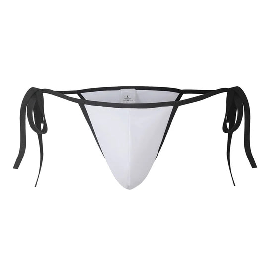 details of white Men’s Werk It Tie-Up Swim Bikini Thong – pridevoyageshop.com – gay men’s sexy swim briefs, trunks, board shorts, and bikinis
