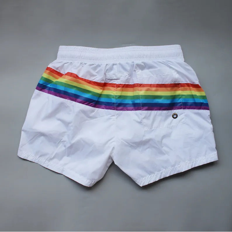 details of white Men’s Werk the Rainbow Volley Pride Board Shorts – pridevoyageshop.com – gay men’s sexy swim briefs, trunks, board shorts, and bikinis