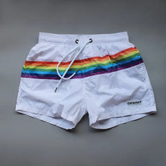 details of white Men’s Werk the Rainbow Volley Pride Board Shorts – pridevoyageshop.com – gay men’s sexy swim briefs, trunks, board shorts, and bikinis