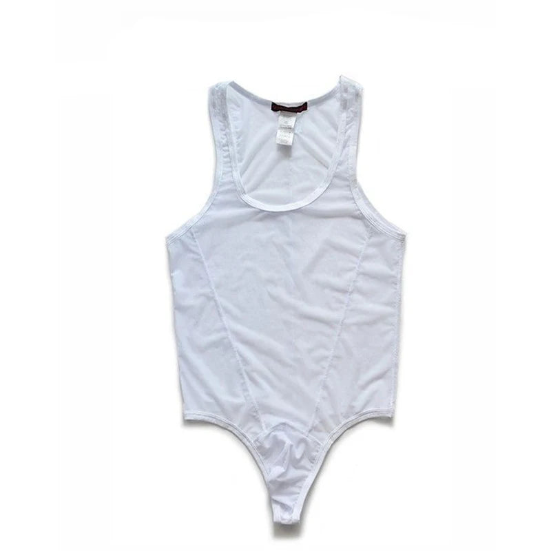 details of white Power Tank Mesh Bodysuit – pridevoyageshop.com – gay men’s harness, lingerie and fetish wear
