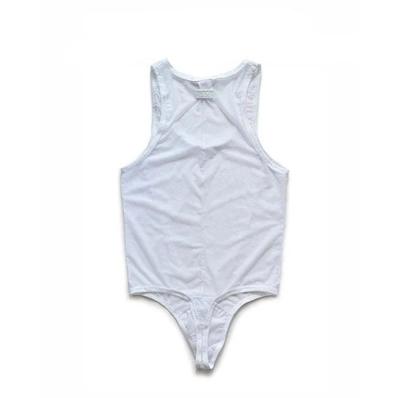 details of white Power Tank Mesh Bodysuit – pridevoyageshop.com – gay men’s harness, lingerie and fetish wear