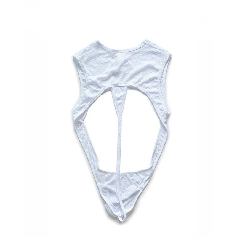 details of white Serving Boy Open-Torso Mesh Bodysuit – pridevoyageshop.com – gay men’s harness, lingerie and fetish wear