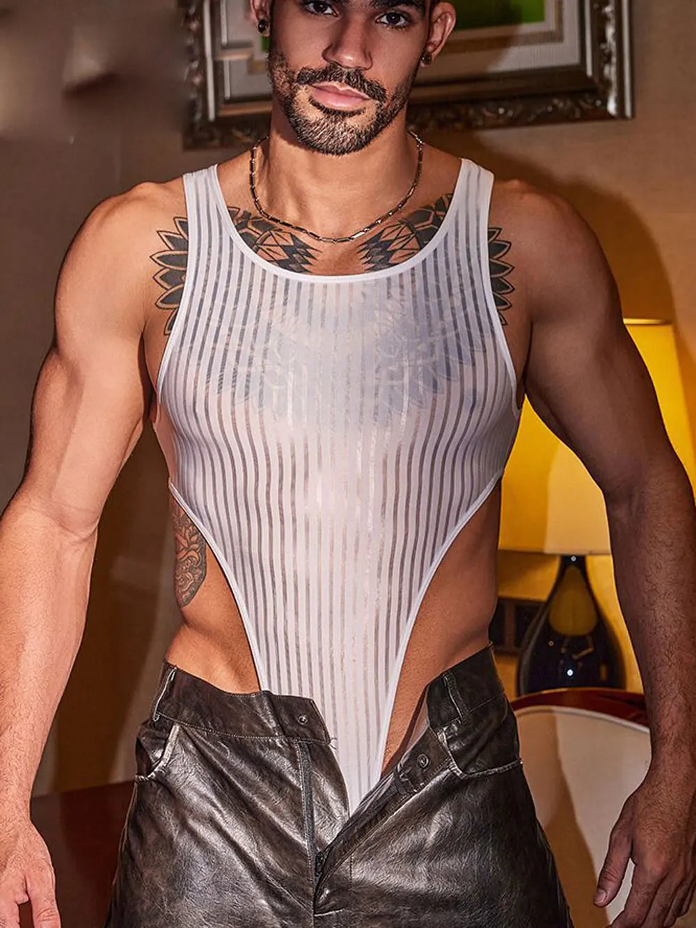 details of white Vertigo Stripe Sheer Bodysuit – pridevoyageshop.com – gay men’s harness, lingerie and fetish wear