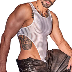 details of white Vertigo Stripe Sheer Bodysuit – pridevoyageshop.com – gay men’s harness, lingerie and fetish wear