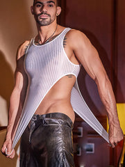 details of white Vertigo Stripe Sheer Bodysuit – pridevoyageshop.com – gay men’s harness, lingerie and fetish wear