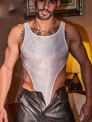 details of white Vertigo Stripe Sheer Bodysuit – pridevoyageshop.com – gay men’s harness, lingerie and fetish wear
