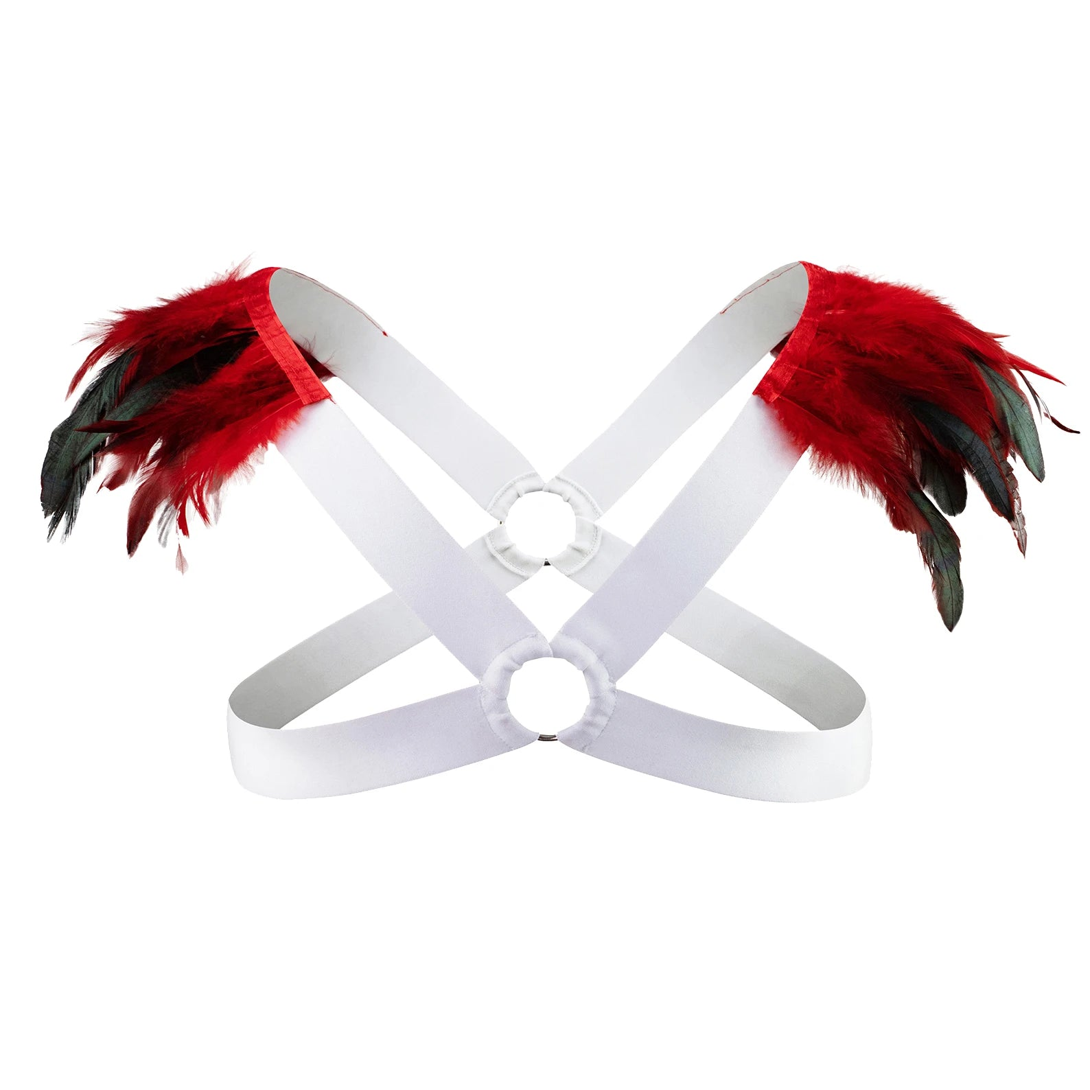 details of white and red Men’s Fallen Diva Feather Epaulet Harness – pridevoyageshop.com – gay men’s harness, lingerie and fetish wear