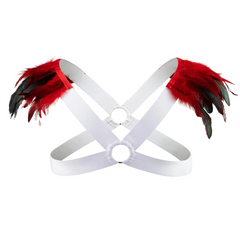 details of white and red Men’s Fallen Diva Feather Epaulet Harness – pridevoyageshop.com – gay men’s harness, lingerie and fetish wear