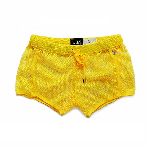 details of yellow DM Men’s Trade Bait See-Thru Mesh Shorts – pridevoyageshop.com – gay men’s sexy swim briefs, trunks, board shorts, and bikinis