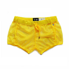details of yellow DM Men’s Trade Bait See-Thru Mesh Shorts – pridevoyageshop.com – gay men’s sexy swim briefs, trunks, board shorts, and bikinis