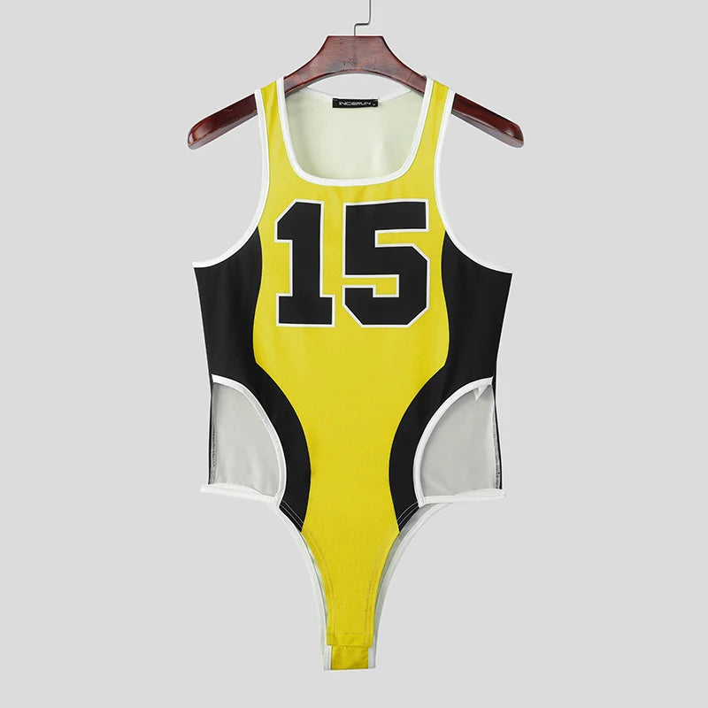 details of yellow The Roster Cut Varsity Bodysuit – pridevoyageshop.com – gay men’s harness, lingerie and fetish wear