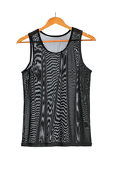 flat lay of Black Discreet Mesh Tank - pridevoyageshop.com - gay men's fashion, clubwear, party outfit
